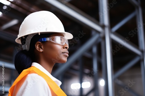 a woman wearing a hard hat and safety glasses photo