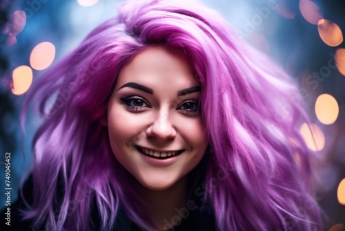 a woman with purple hair smiling