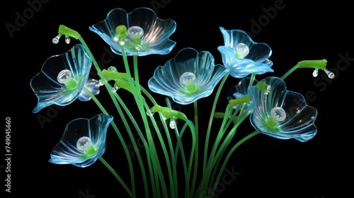a glass flowers with green stems