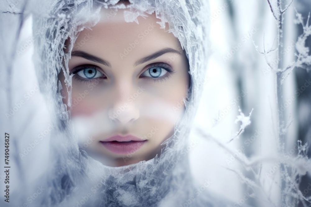 a woman with blue eyes wearing a hood covered in frost