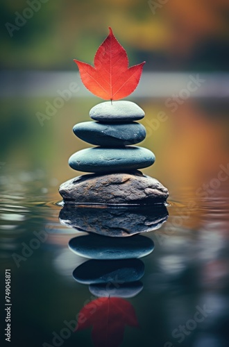 a stack of rocks with a leaf on top