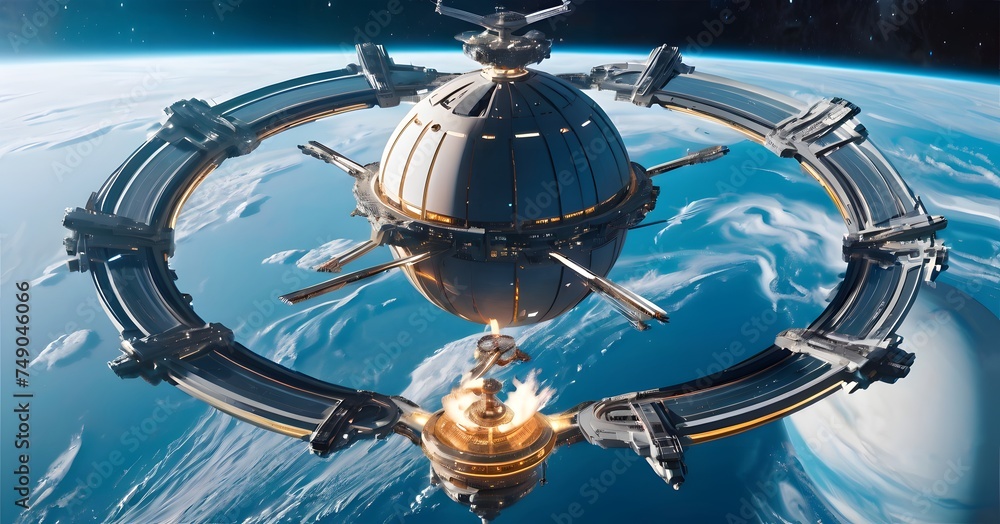 A high-tech space station encircles the blue planet, a symbol of humanity's reach into the cosmos. AI generation