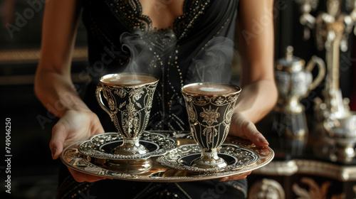 In a lavish traditional setting a server dressed in a sophisticated black dress carries a tray with two ornate cups of steaming coffee. The bold design of the coffee cups photo