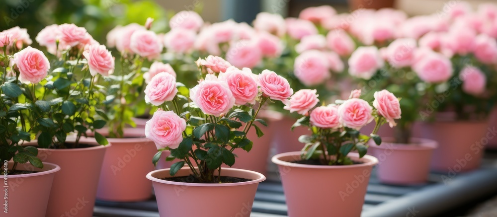 A row of pink potted miniature roses or baby roses sits neatly aligned on a table, adding a touch of color and beauty to a home garden space. A row of pink potted miniature roses or baby roses sits neatly aligned on a table, adding a touch of color and beauty to a home garden space.