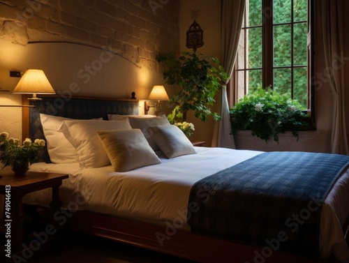 a bed with pillows and lamps in a room with a brick wall © sam