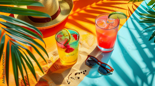 Colorful tropical cocktails on a vibrant beach setup with palm shadows, refreshing summer drinks with a vacation vibe