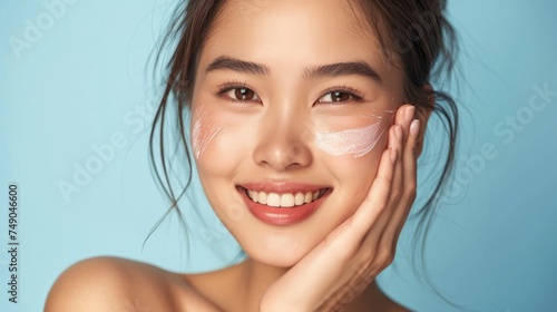 Skincare. Woman with beautiful face touching healthy facial skin generative ai
