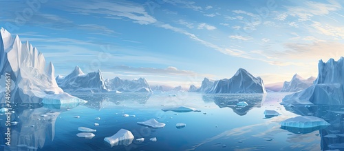 This painting depicts a scene of melting icebergs floating in the Arctic sea. The icebergs are large, white masses surrounded by cold, blue water. © AkuAku