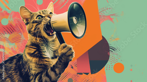 Gato gritando no alto falante no estilo recorte - Papel de parede