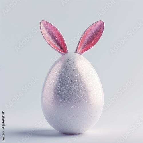 Easter egg with pink bunny ears on gray background. Minimal Easter celebration concept.