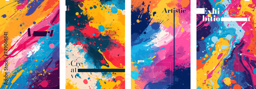 Abstract artistic poster. Colorful watercolor paint splashes and strokes creative placard. Design art grunge painting print concept. Bright color graphic spots textures exhibition banner. Vector eps