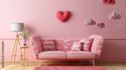 interior living pink room with pink sofa and heart valentine. Generative Ai