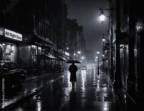 Film noir style monochrome image of a rainy city street at night with a man with an umbrella in silhouette walking past parked cars and stores with lamps reflecting on the wet road © Philip J Openshaw 
