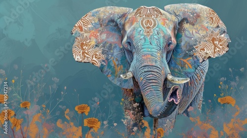 Elephant illustration, adorned with intricate, artistic and captivating patterns. generative ai © Francheska