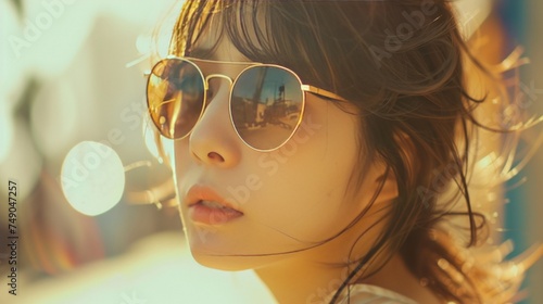Close-up of a beautiful Asian woman wearing glasses and with long black hair tied up, the Asian woman is exposed to orange sunlight and a blurred background. Created with Generative AI.