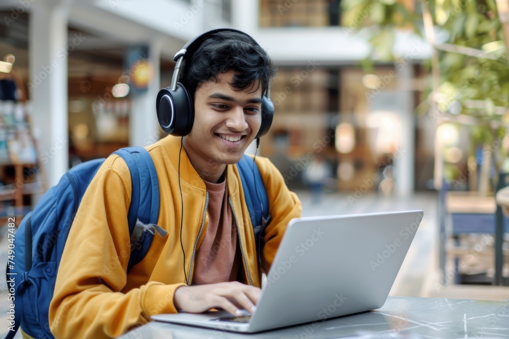Fototapeta premium A happy Asian teenager outdoors with his laptop and headphones, perhaps studying or enjoying leisure time