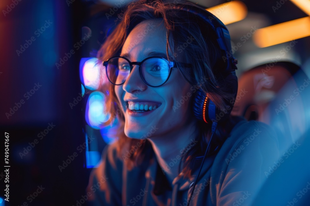 Cheerful woman gaming with headphones on, surrounded by vibrant neon lights, symbolizing modern entertainment Cheerful woman gaming with headphones on, surrounded by vibrant neon lights, symbolizing modern entertainment