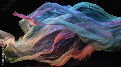 Colorful and translucent fabric captured in a dynamic wave-like motion creating an elegant visual
