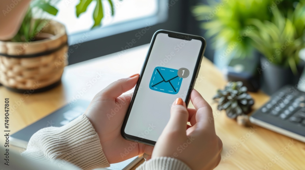 Woman hands using smartphone with pop up email alert sign icon generative ai Woman hands using smartphone with pop up email alert sign icon generative ai