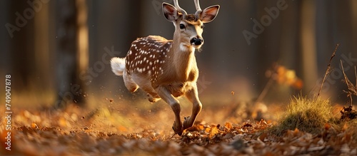 A small fallow deer, Dama dama, is captured in a close-up shot running through a forest filled with autumn leaves. The deer moves swiftly among the trees, blending in with the colorful foliage.