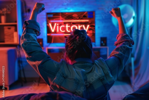 Vibrant image capturing a moment of triumph for a gamer with raised arms in neon lit room