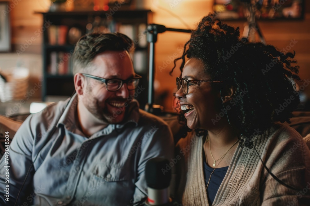 Two hosts enjoying a casual conversation while recording a podcast in a cozy room with warm lighting