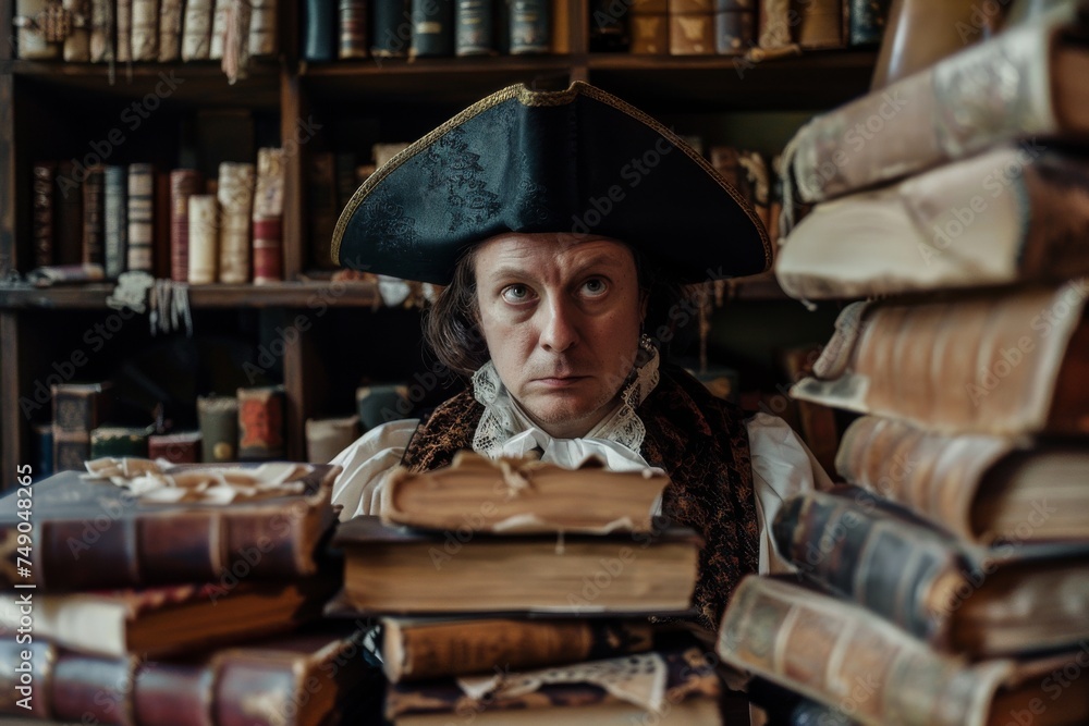 A man dressed in pirate-like historic attire is engrossed in reading amongst stacks of antique books