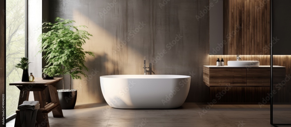 A corner of a spacious bathroom featuring a large white bathtub positioned next to a thriving green plant. The room has white and dark wooden walls, a concrete floor, a comfortable white sink, and a