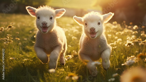 Twilight Frolic of Twin Lambs