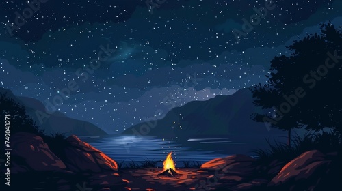 A small campfire flickers in the darkness of the wilderness illuminating the surroundings and providing comfort in the midst of solitude. The stars above shine brightly highlighting