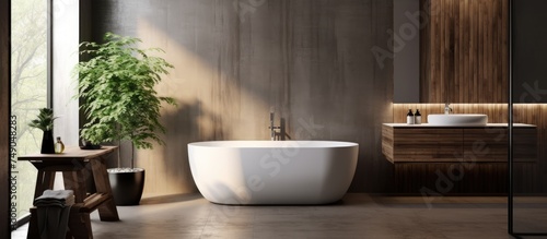 A corner of a spacious bathroom featuring a large white bathtub positioned next to a thriving green plant. The room has white and dark wooden walls  a concrete floor  a comfortable white sink  and a