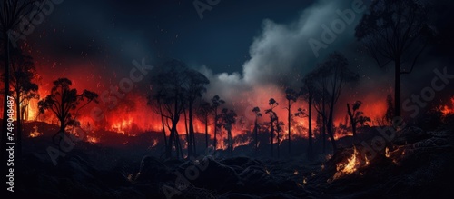A raging fire engulfs the trees in a forest, creating a destructive scene on the mountainside. The flames illuminate the darkness of the night, leaving charred remains in their wake.