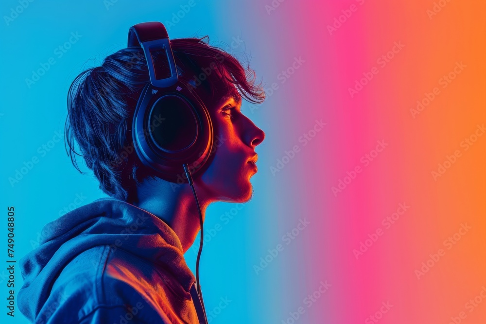 This image captures a sideways portrait of an individual immersed in vivid red and blue lighting - a modern and stylish visual This image captures a sideways portrait of an individual immersed in vivid red and blue lighting - a modern and stylish visual