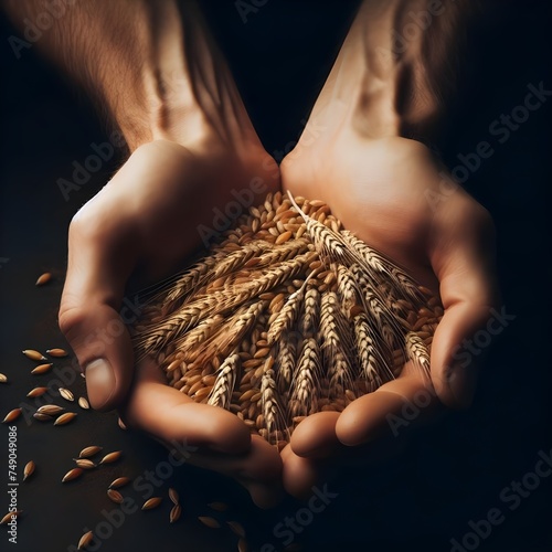 Farmer Cradling a Handful of Wheat Grains During Harvest Season