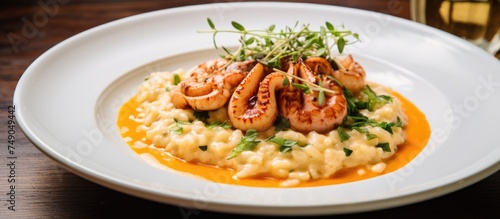 A plate featuring a flavorful combination of shrimp and grits, showcasing succulent shrimp cooked to perfection and creamy, savory grits topped with a rich sauce.