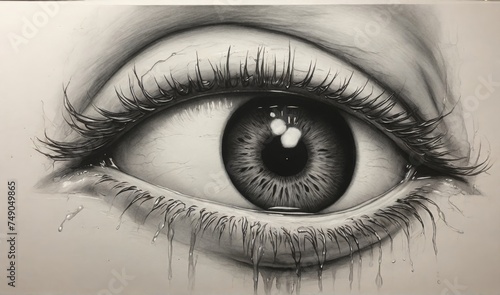 black and white pencil drawing of a crying eye 