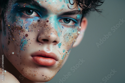 Close-up portrait of a young man with artistic colourful makeup on, studio beauty shot