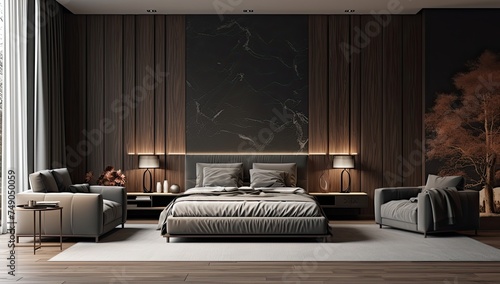 3d interior design bed room in gray with grey walls and wooden floors photo