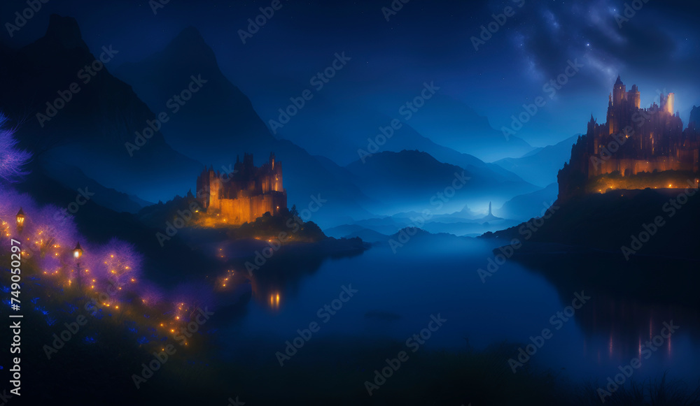 Fantastic Landscape, fairy tale castle at night, dreamlike paradise under the milky way, mysterious islands and lake, wall art for home decor, artistic wallpaper