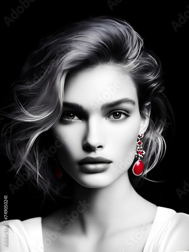 black and white portrait of a beautiful woman with eardrops  gorgeous lady supermodel  graceful model
