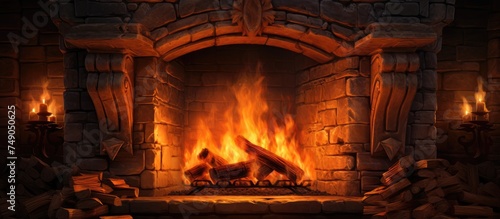 A fire burns brightly in a fireplace, casting a warm glow in the room. Several candles are placed around, adding to the cozy ambiance.