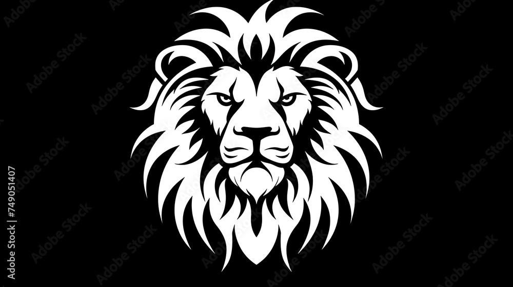 black and white silhouette logo of a lion face on black background, can be used for cards, banners, tshirts prints, mug prints, logos 