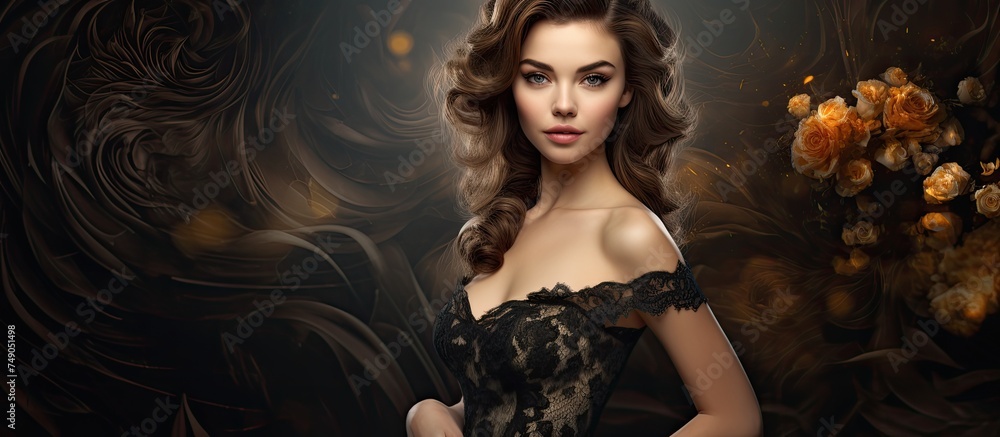 A painting of an attractive young lady standing elegantly in a black dress, exuding sophistication and grace. The womans posture is poised and confident, capturing the viewers attention. A painting of an attractive young lady standing elegantly in a black dress, exuding sophistication and grace. The womans posture is poised and confident, capturing the viewers attention.