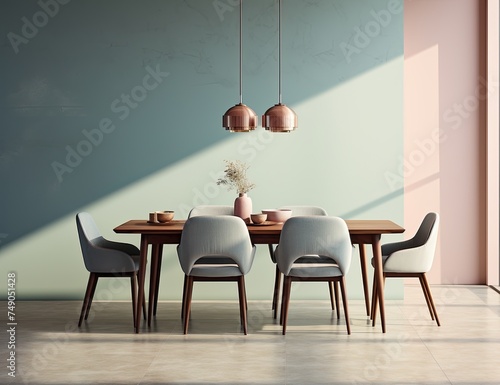 A blue table with six chairs in a clean house 3d rendering stock foto