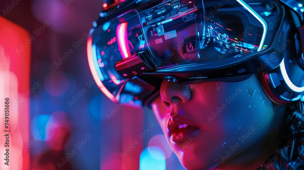 The closeup of a fans intense and focused expression on their VR headset displays the extent of their dedication and investment in the virtual reality gaming world. The closeup of a fans intense and focused expression on their VR headset displays the extent of their dedication and investment in the virtual reality gaming world.