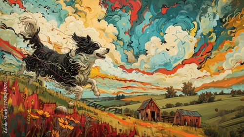 Whimsical farm dog herding sheep under a dynamic sky, AI-generated image.