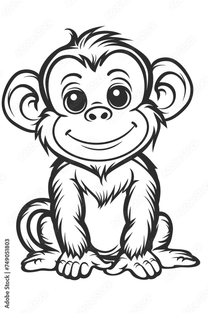 Cute Smile Monkey Kid For Coloring Bookline Art Design Stock Illustration