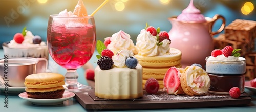 A table is topped with various desserts and drinks, set up for afternoon tea time. The image focuses on the delicious treats arranged on the table, with a blurred bokeh background adding a touch of