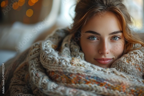 A serene young woman wrapped in a chunky knit blanket, with a soft smile and eyes that convey comfort and tranquility photo