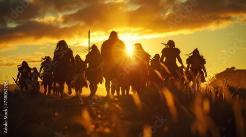 The sun sets behind a group of Maori warriors as they prepare for battle their shadows stretching long and their spirits ready to face any challenge that comes their way. photo